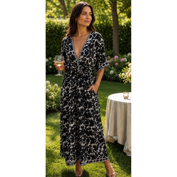 Max Studio Dresses & Skirts - New Max Studio  Floral Faux Wrap Dress Black White Garden Party Boho‎ Medium